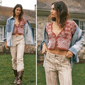 Free People Dainty Cottage Fall Geo Floral Cardigan Sweater Cinnamon Size Large